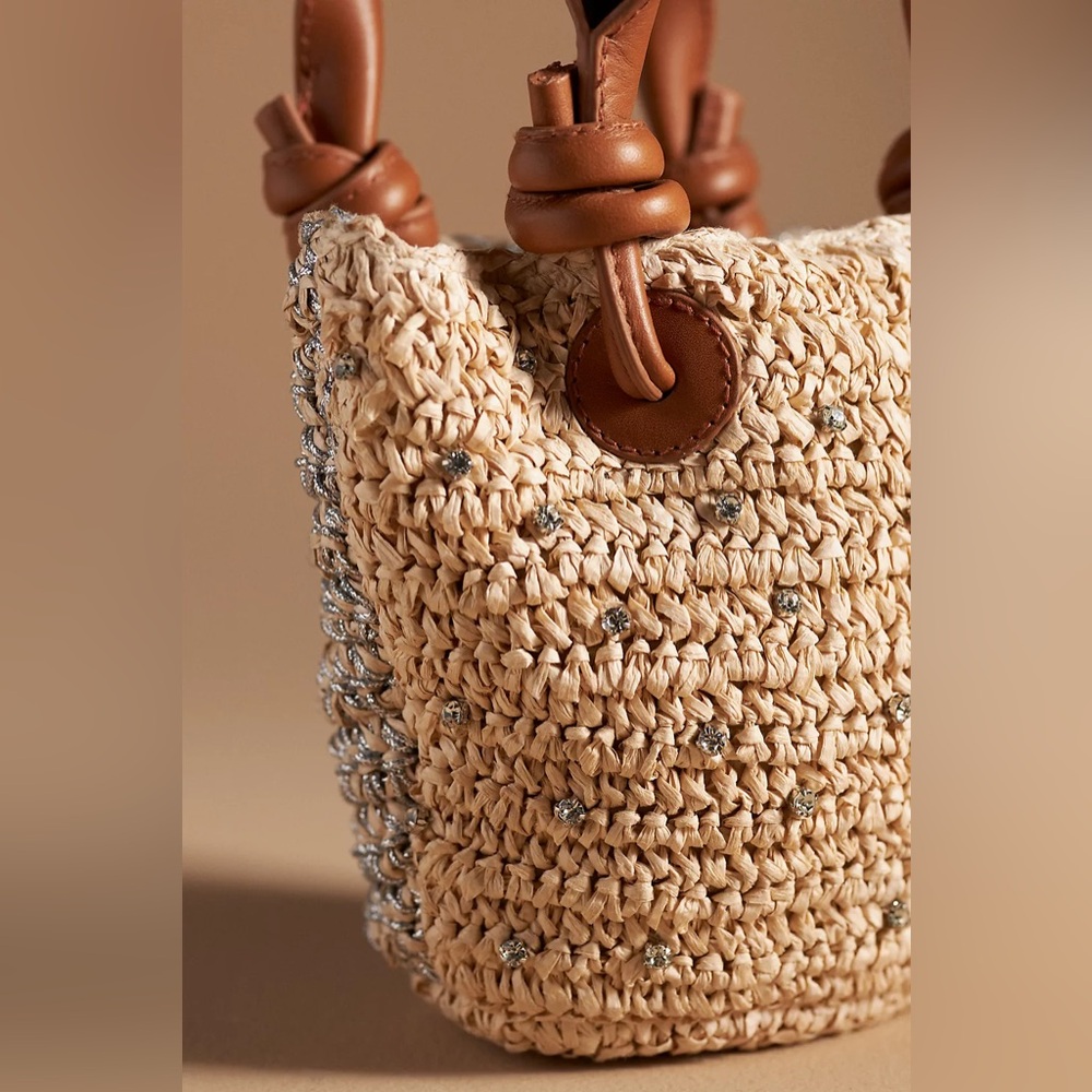 Anthropologie Maeve Rhinestone Raffia Mini Bag Day to Night Woven Beach Resort - Picture 3 of 10